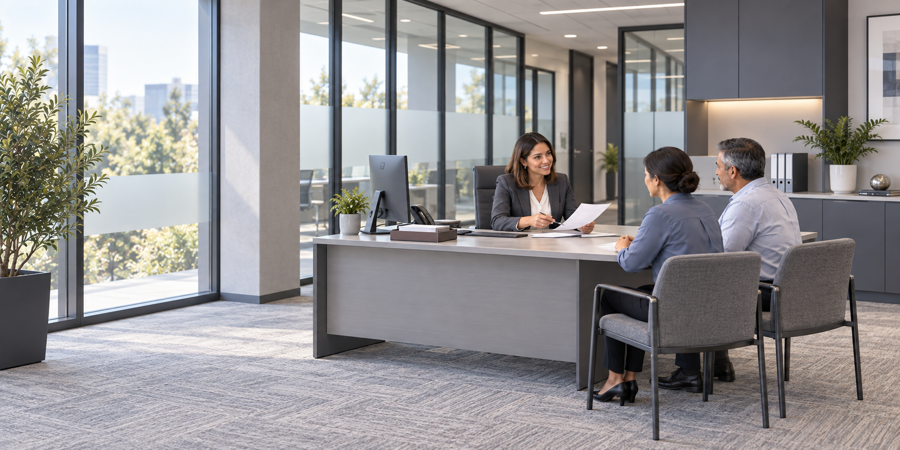 A document specialist discussing paperwork with two clients in a bright office